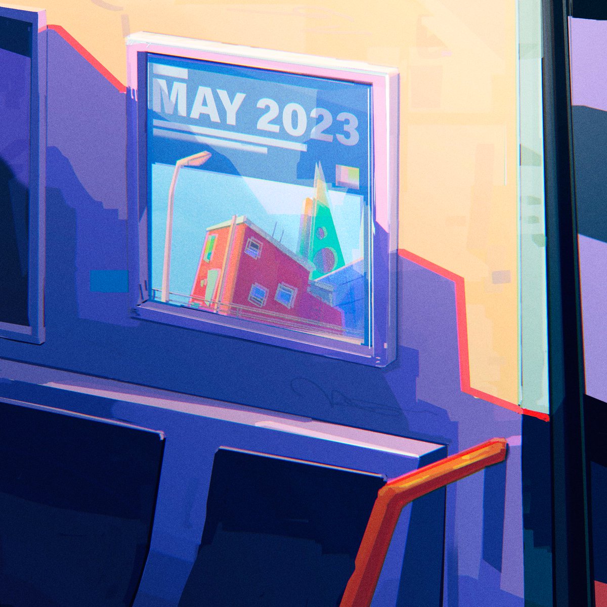 raxo_studios's tweet photo. "A subway train arrives at the station. A shiny poster on said train hints at an upcoming event happening in May 2023". 🚇 The urban landscape has so many scenes to show us, soon you’ll get to experience some of them from our perspective. Yes, this post is a teaser. ⏳🌇 https://t.co/FBhzzKyB76