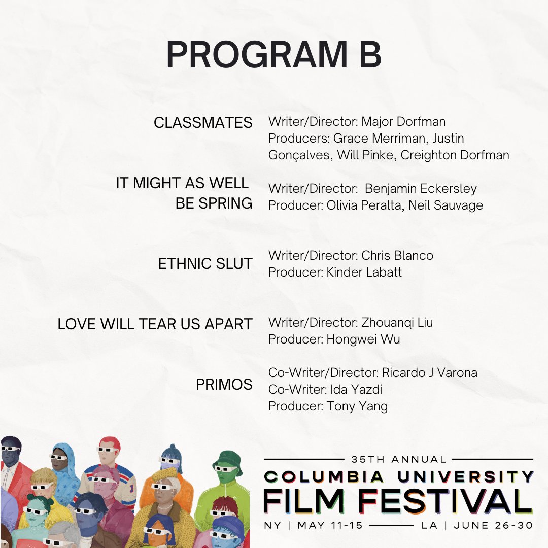 Introducing Program B - be sure to catch these films at #CUFF2023! 📽️ 

🗓️Friday, May 12, 2023
🕠 7 PM
📍 Lenfest Center for the Arts (615 W 129th St, New York, NY 10027)