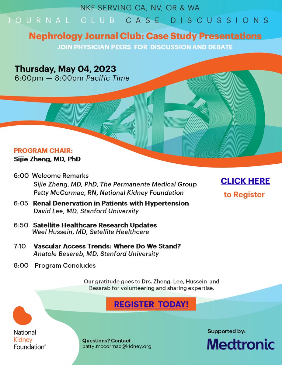 NKF - Northern CA (@nkfnorthernca) on Twitter photo Join us this Thur, May 4th for our upcoming journal club session: 6pm - 8pm PT!
Don't miss the chance to hear from our amazing speakers! Dr's David Lee, <a href="/Teknofiliac/">Wael Hussein</a> & Anatole Besarab!
We are grateful to Medtronic for supporting this program!
Register:
events.blackthorn.io/en/5f4bLi97/nk… Join us this Thur, May 4th for our upcoming journal club session: 6pm - 8pm PT!
Don't miss the chance to hear from our amazing speakers! Dr's David Lee, <a href="/Teknofiliac/">Wael Hussein</a> & Anatole Besarab!
We are grateful to Medtronic for supporting this program!
Register:
events.blackthorn.io/en/5f4bLi97/nk…