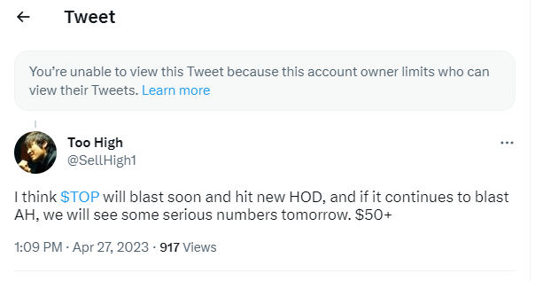 SellHigh1's tweet photo. @itsmrbrunob His desperate $TOP tweets were wrong. I said what I think about the stock. And here we go blocked! 🤣🤣🤣 https://t.co/OHrLMQkMQN