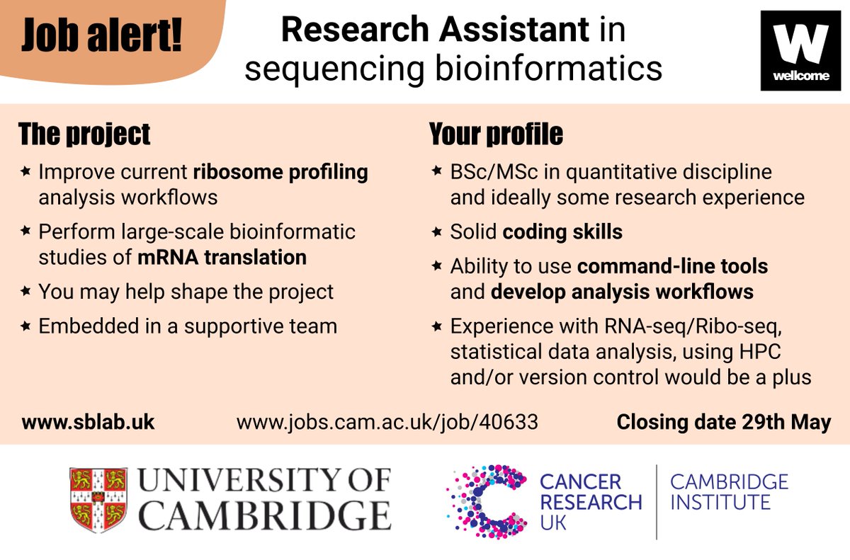 Susanne Bornelöv (@sus_bo) on Twitter photo 📢 Work with me <a href="/Cambridge_Uni/">Cambridge University</a>
Machine Learning & AI in Genomics (postdoc)
jobs.cam.ac.uk/job/40623/
Evolutionary Genomics & Bioinformatics (postdoc)
jobs.cam.ac.uk/job/40630/
Sequencing Bioinformatics (research assistant)
jobs.cam.ac.uk/job/40633/
🚨 Closing Date 29 May
Please RT 📢 Work with me <a href="/Cambridge_Uni/">Cambridge University</a>
Machine Learning & AI in Genomics (postdoc)
jobs.cam.ac.uk/job/40623/
Evolutionary Genomics & Bioinformatics (postdoc)
jobs.cam.ac.uk/job/40630/
Sequencing Bioinformatics (research assistant)
jobs.cam.ac.uk/job/40633/
🚨 Closing Date 29 May
Please RT