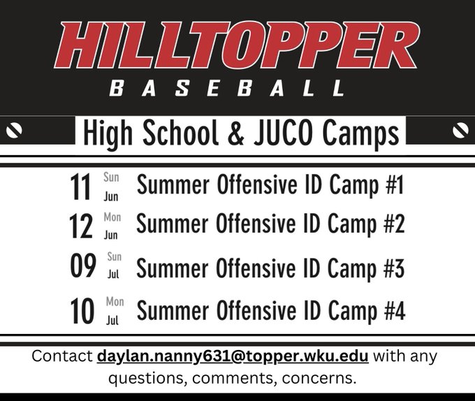 🚨 Summer ID Camps 🚨

This is a 100% offensive focused camp series that will help you continue to develop your game throughout the summer! Click the link 👇 to sign up!

bit.ly/wkubaseball