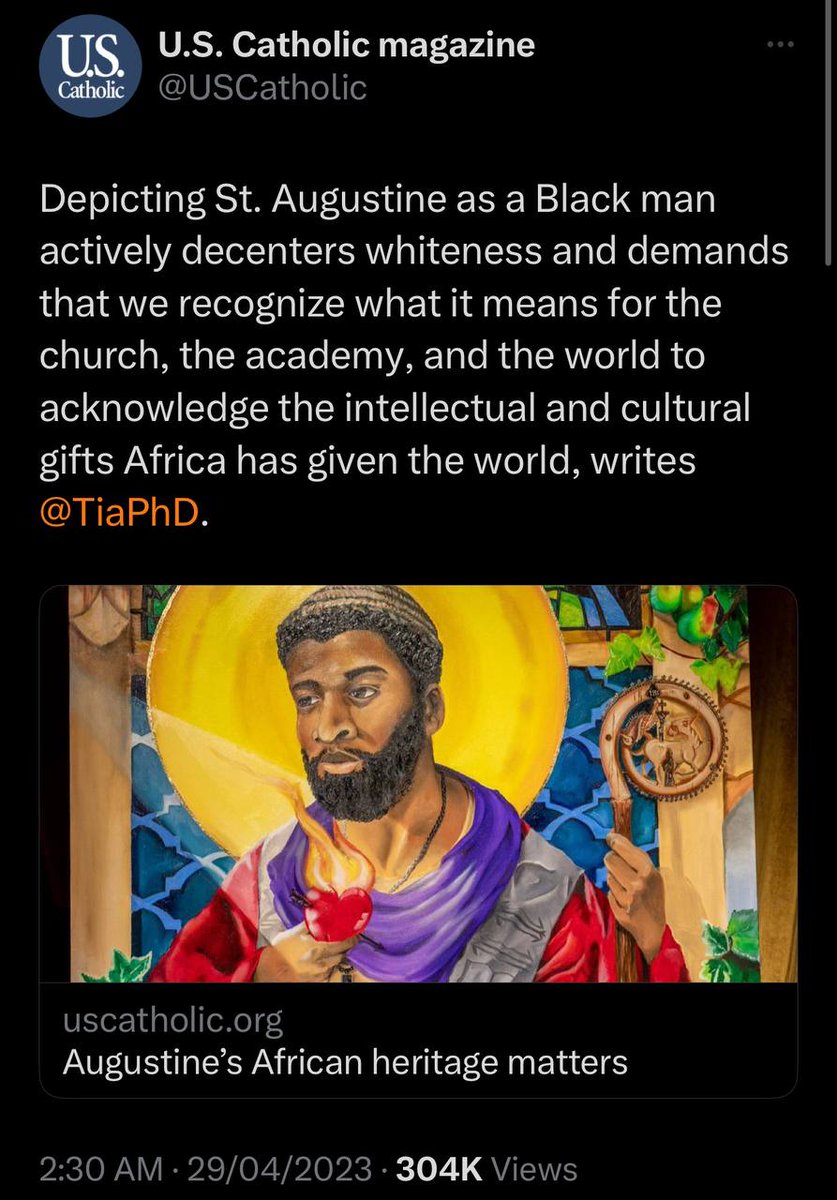 charliekirk11's tweet image. US Catholic Magazine recently depicted St. Augustine as a black man, alleging it &quot;actively decenters whiteness.&quot;

Broadway’s &quot;Phantom of the Opera&quot; cast Emilie Kouatchou as its 1st black Christine. Notably the play is closing after 35 years on Broadway.

Peter Pan is played by…