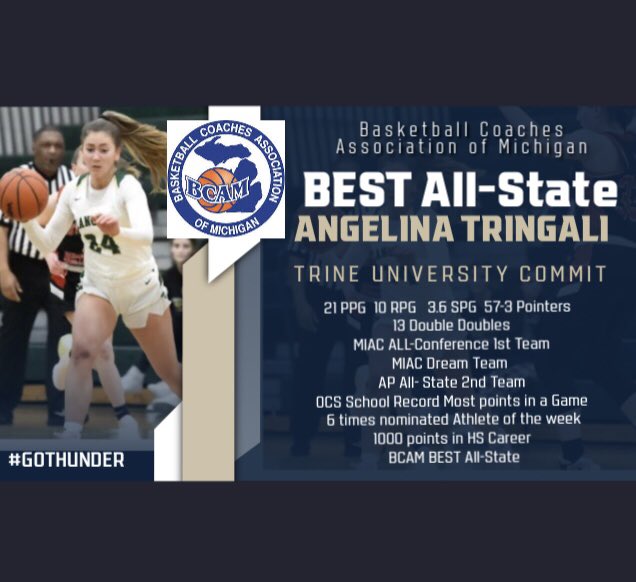 Angelina Tringali left a impact on our Basketball Program with her numerous awards and records. She broke a 35 year old record of single points in a game, she passed a 1000 points in her career, from MIAC All-Conference to BCAM All-State we wish her all the success at Trine U.