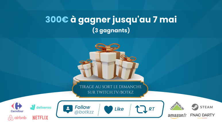 botkzz's tweet photo. 🎉 CONCOURS 🎉

300€ à gagner (3 gagnants) 💸

Pour participer :

🔁♥ • RT &amp; Like ce tweet
🫂 • Follow @botkzz 

TAS du Giveaway :  7 mai https://t.co/lpRUiYZ5m3