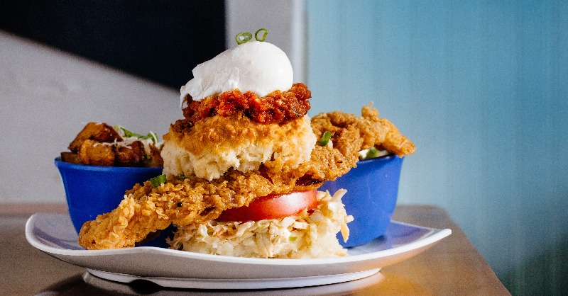 infatuation's tweet photo. Okra fries, a fried chicken sandwich at a gas station, and other things you must eat in Asheville, North Carolina.