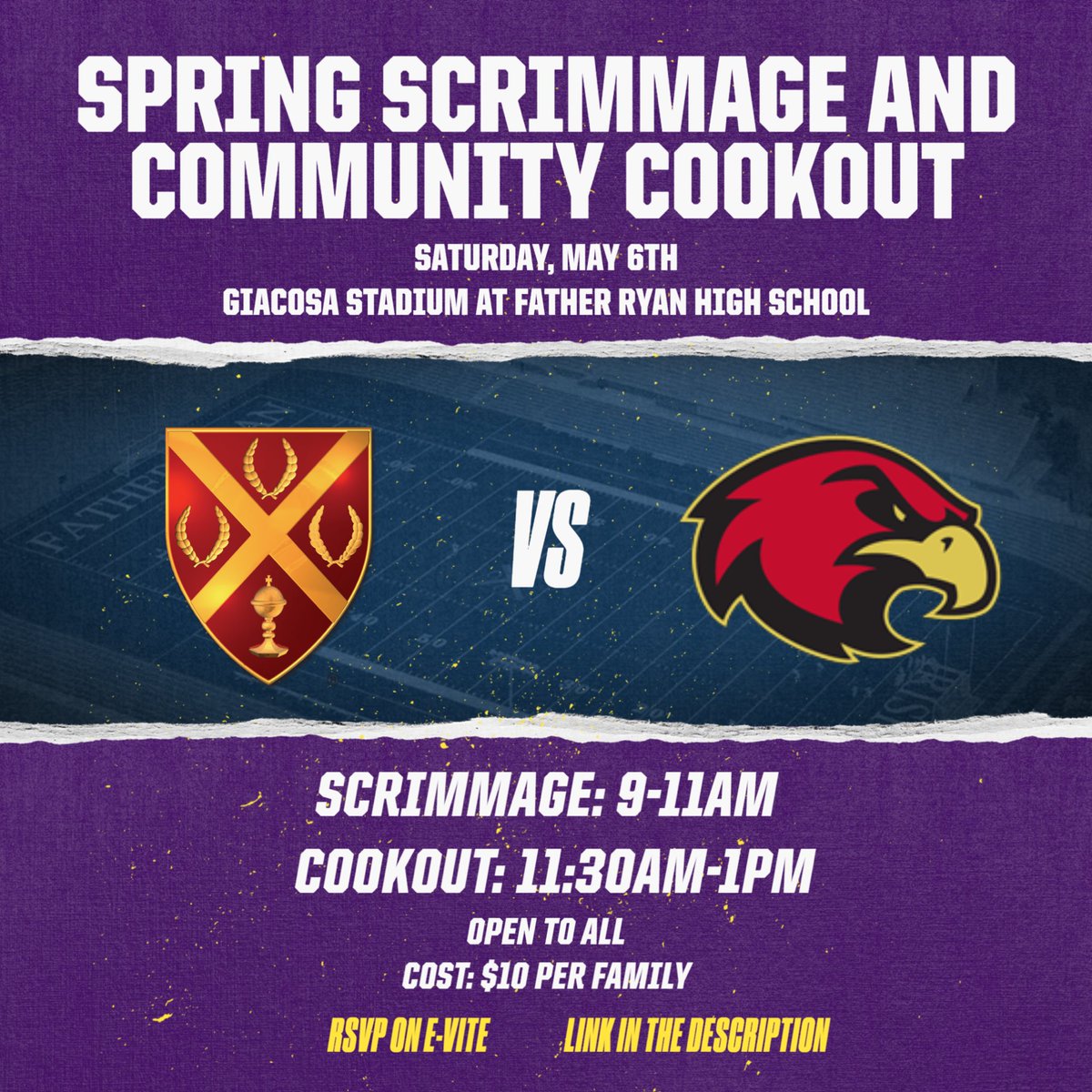 Father Ryan Football (@frhs_football) on Twitter photo Saturday’s practice has been changed…to a scrimmage!! So pumped to compete with <a href="/wcsRHSfootball/">Ravenwood Football 🦅</a>! Irish nation, come on out, watch some ball, and stick around afterwards for our community cookout! <a href="/fatherryan/">Father Ryan High School</a> <a href="/coachbrector/">Brian Rector</a> <a href="/ccatholicfb/">Nashville Catholic Football</a>
RSVP here: evite.me/XkDPAZhV1Q Saturday’s practice has been changed…to a scrimmage!! So pumped to compete with <a href="/wcsRHSfootball/">Ravenwood Football 🦅</a>! Irish nation, come on out, watch some ball, and stick around afterwards for our community cookout! <a href="/fatherryan/">Father Ryan High School</a> <a href="/coachbrector/">Brian Rector</a> <a href="/ccatholicfb/">Nashville Catholic Football</a>
RSVP here: evite.me/XkDPAZhV1Q