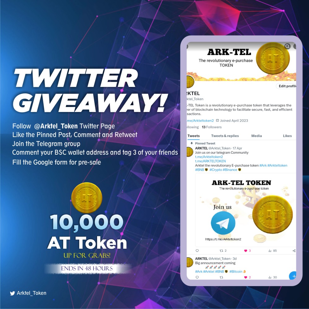 Arktel_Token's tweet photo. 🚀🚀AT TOKEN GIVEAWAY 🚀🚀
Follow @Arktel_Token Twitter page
Like the Pinned post, Comment and retweet
Comment your BSC Wallet address and Tag 3 of your friends.   Join Telegram group https://t.co/PypxsPj4db
Fill the Google form from pre-sale 👇👇
https://t.co/OlQ17IHdZH. https://t.co/FfEEOjZBUC
