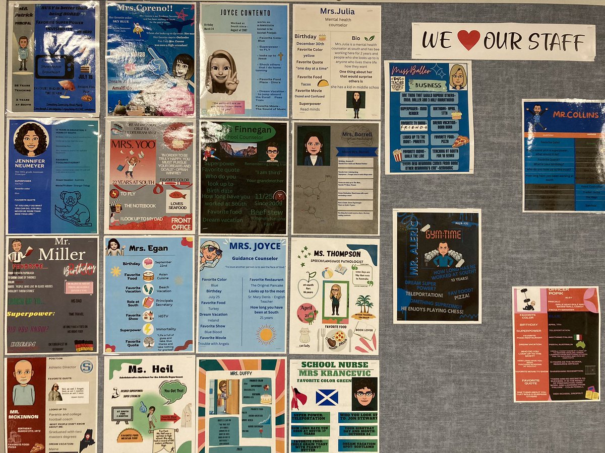 Check out these bulletin boards around the school advertising the AMAZING staff here at South 💙. This board is office, admin, guidance and support staff.  Business students interviewed staff and created the posters in Canva.  #staff #appreciation