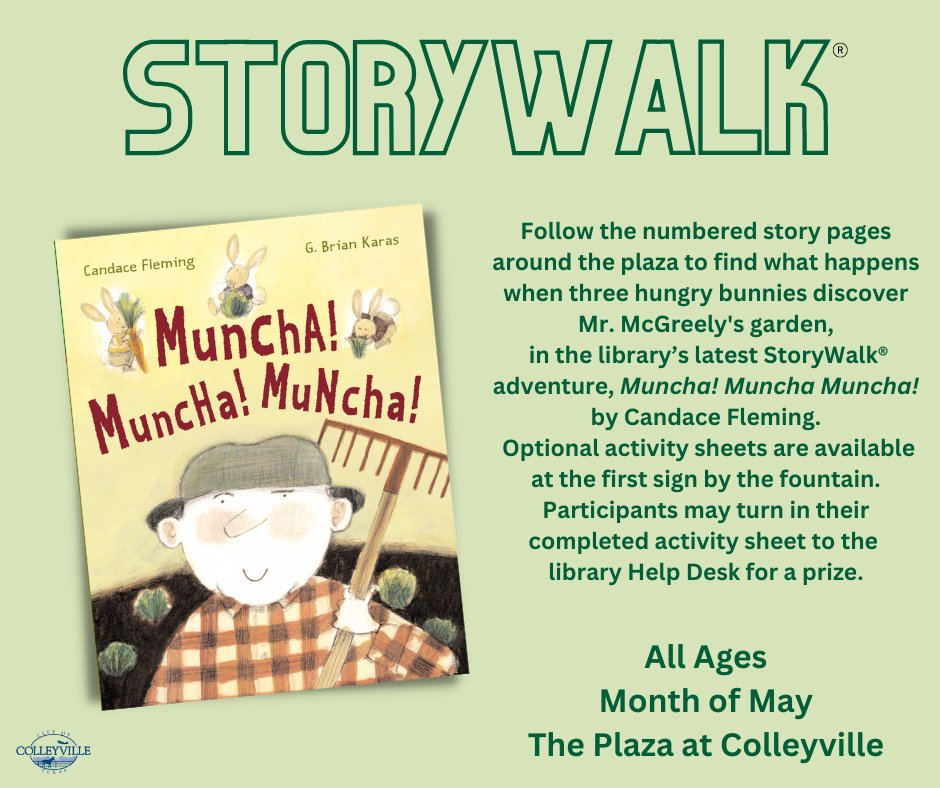 ColleyLibrary's tweet image. The Colleyville Public Library is hosting its latest StoryWalk, &quot;Muncha, Muncha, Muncha,&quot; by Candace Fleming. Follow the signs around The Plaza and pick up  activity sheets for some added fun and scavenger hunt.  Turn in your sheets at the Library Help Desk for an at-home treat.