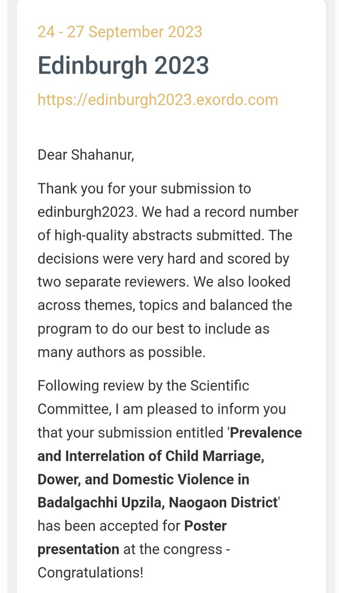Delighted to announcing the acceptance of our honorary executive Director's paper on'Prevalence and Interrelation of Child Marriage, Dower, and Domestic Violence '  at the Edinburgh Congress 2023, organized by ISPCAN. at Edinburgh, Scotland, from September 24-27, 2023.