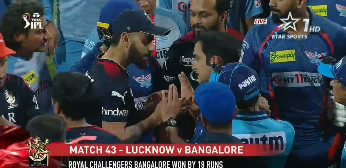 mufaddal_vohra's tweet photo. Fines for breaching the IPL Code Of Conduct yesterday:

Virat Kohli - 1.07cr (100%).

Gautam Gambhir - 25 Lakhs (100%).

Naveen Ul Haq - 1.79 Lakhs (50%). https://t.co/LTLwz0jF4K