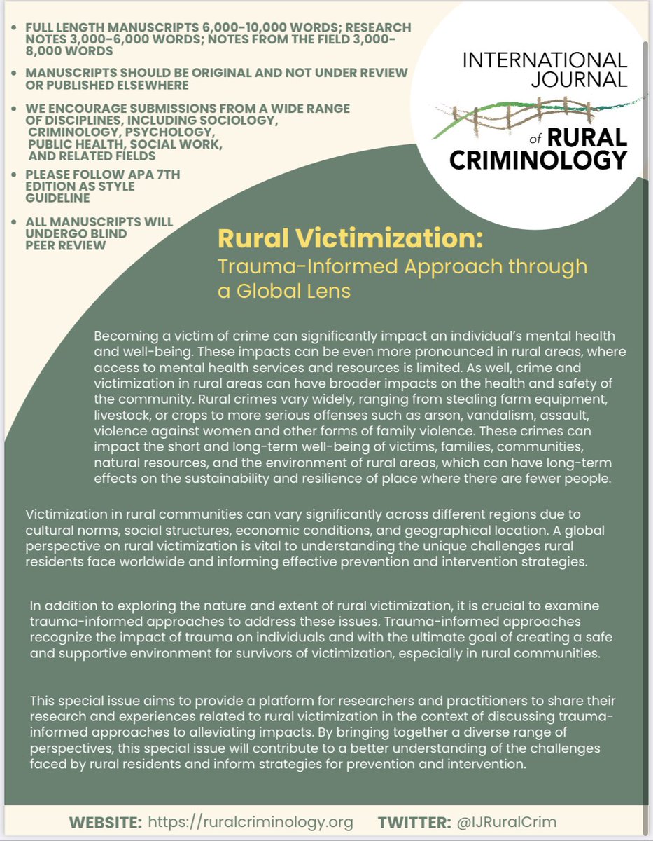 We are thrilled to announce the #CallForPapers for our next special issue: #Rural #Victimization - Trauma-informed Approach through a Global Lens to be edited by @RuralCrime1 and Dr Ziwei Qi! #OpenAccess #RuralCriminology #VictimizationStudies #TraumaInformed