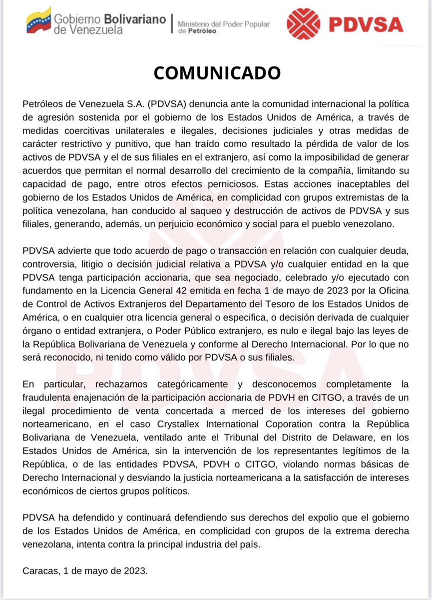 #COMUNICADO: <a href="/PDVSA/">PDVSA</a> denuncia ante la comunidad internacional la política de agresión sostenida por el gobierno de los Estados Unidos de América, a través de medidas coercitivas unilaterales e ilegales, decisiones judiciales y otras medidas de carácter restrictivo y punitivo.