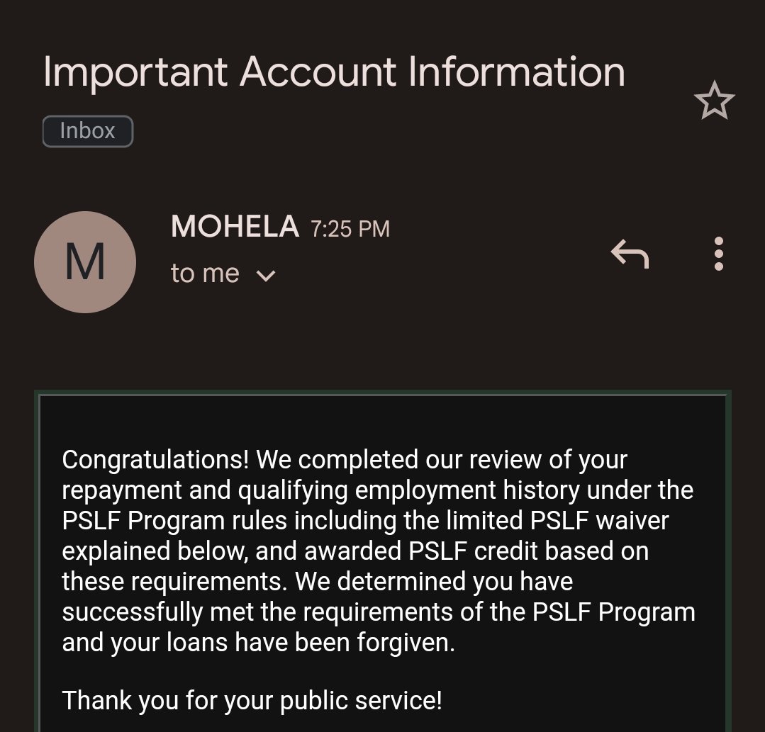Shaina_Woo's tweet photo. Received the best news today! Paying on my student loans is a thing of the past! 🥳🥳🥳 #pslf #teacher Thank you, @usedgov 🙌 https://t.co/tVoUXoINN9