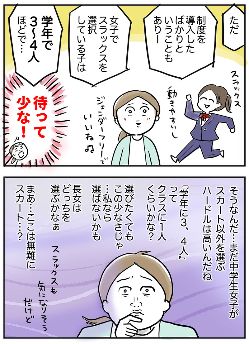 【読み切りマンガ】日経xwomanDUAL ■漫画/中学の制服、スラックスを選んだ娘に母は動揺 中学に入った娘がスラックスを選んで、1年経った現在までの話までを書きました!  リンク先より先は日経xwoman登録会員の方がご覧いただけます。ご了承ください🙇‍♀️