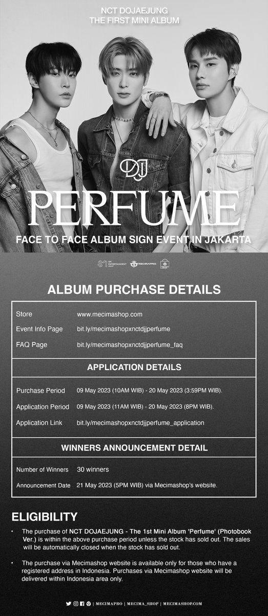 mecima_shop's tweet photo. [ANNOUNCEMENT] NCT DOJAEJUNG 'Perfume' Face To Face Album Sign Event in Jakarta. 
We are delighted to have #NCT_DOJAEJUNG for the 1st Mini Album #Perfume signing event in Jakarta. NCTzen, let's meet #DOYOUNG, #JAEHYUN and #JUNGWOO! See you soon!
-
Info 🔗: https://t.co/4f7zgMzuE2 https://t.co/MSw6TicLvg