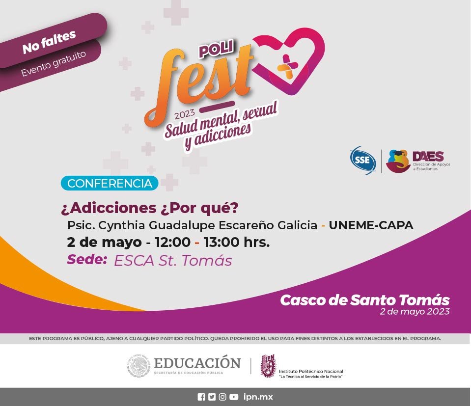 daes_ipn's tweet photo. 📢#conferencia con Psic. Cynthia G. Escareño Galicia de #UNEMECAPA en el marco del #PoliFest2023 #Salud mental, #Sexual y #Adicciones con el tema "Adicciones ¿Por qué?" 🔗https://t.co/1e3zCcm2Yn
📆02de mayo
⏰ 12:00 h
📍 #ESCA Unidad Santo Tomás.
🎟️#EntradaLibre @ServEscasto https://t.co/5WKvv4UGXR