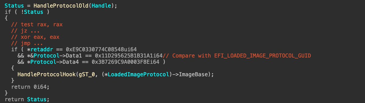 binarly_io's tweet photo. ⛓️#CosmicStrand UEFI implant was distributed with a modified CSMCORE DXE driver. The HandleProtocol function was altered to hook LoadedImageProtocol, allowing to monitor and control of the loaded EFI modules during runtime. https://t.co/qRQ8onzlxt