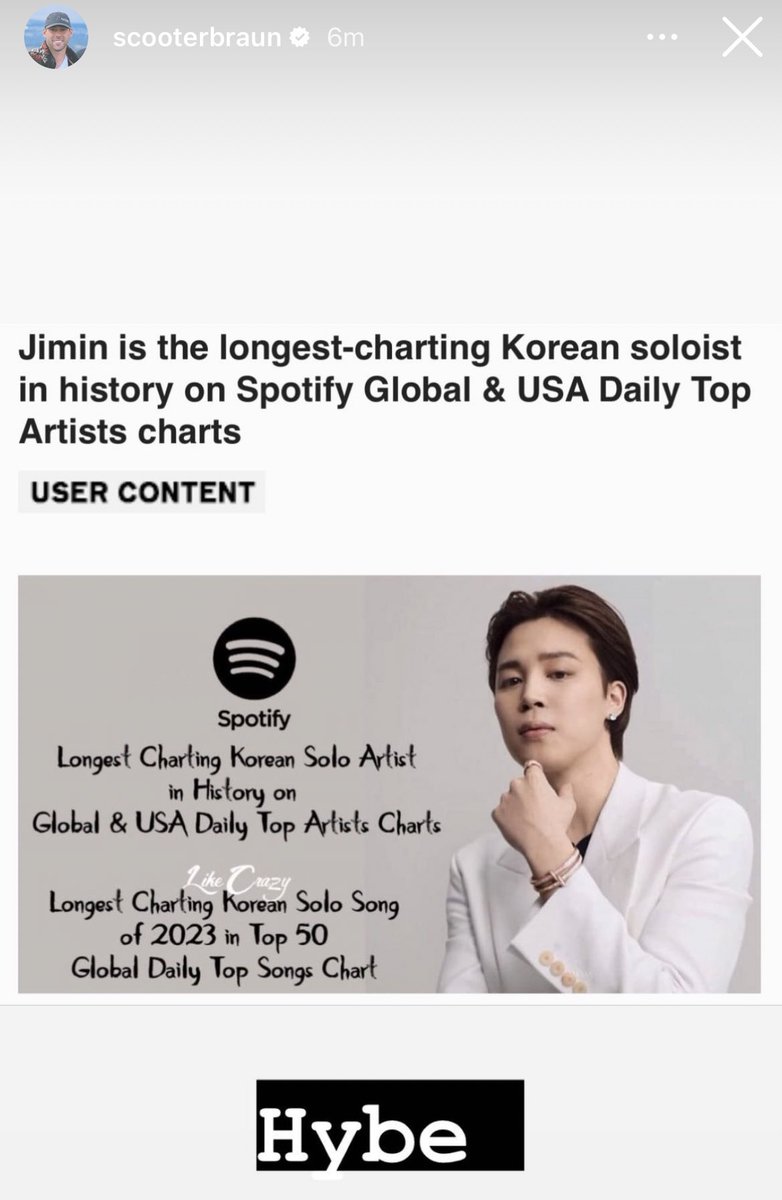 jmnpromise's tweet photo. scooter braun ig story: "jimin is the longest charting korean soloist on spotify global &amp; usa daily top artists charts" https://t.co/m0kWSzc4Zd
