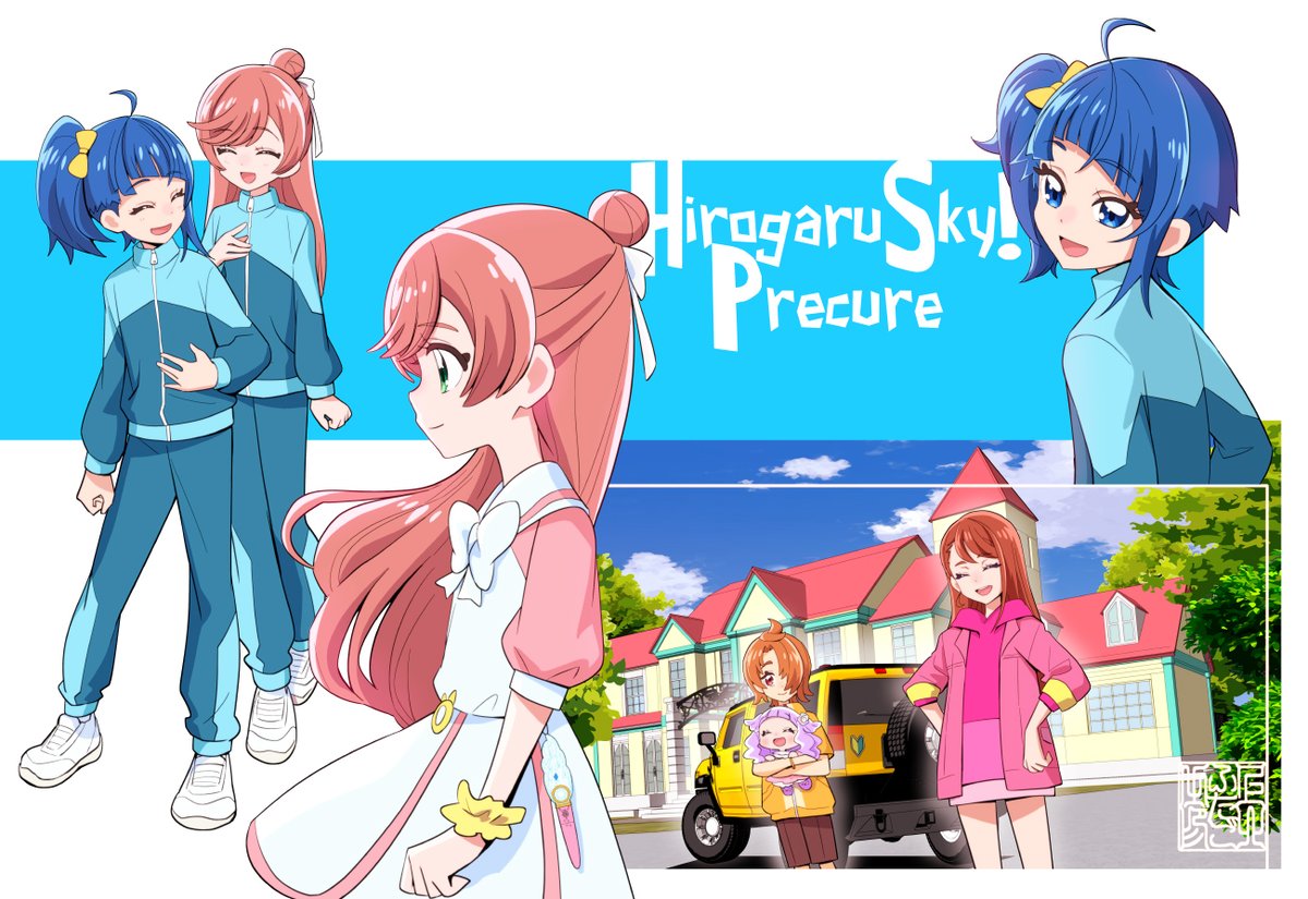 multiple girls blue hair track suit orange hair long hair ahoge ground vehicle  illustration images