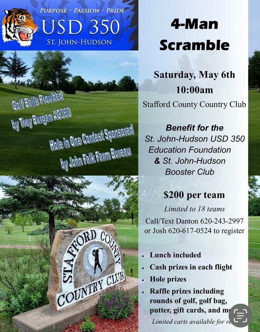 Annual Foundation/Booster Club golf benefit tournament starts at 10:00 on Saturday. Always grateful for the Foundation and Booster Club board members that put on this tournament and the donors that contribute. Money goes to support USD 350 students and programs.  #sjtigerpride