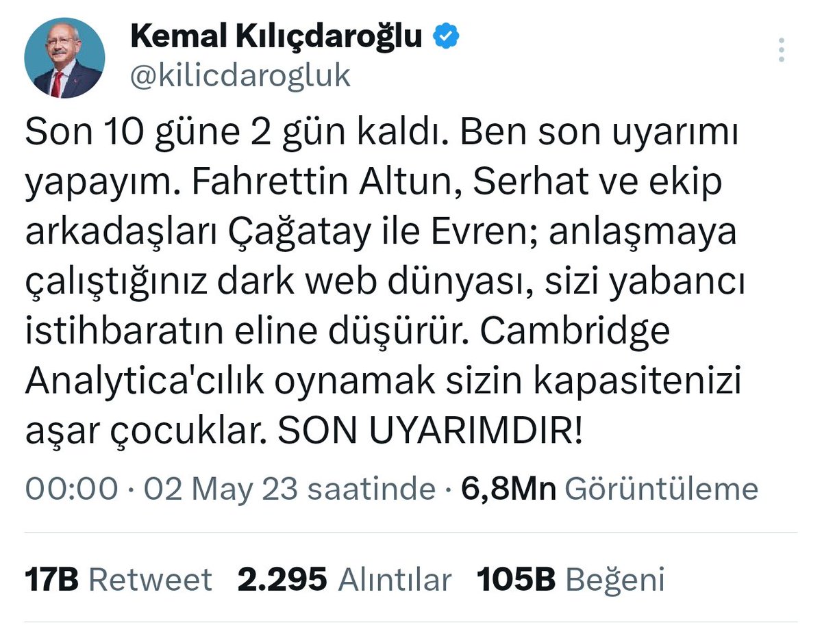 Sn. Kılıçdaroğlu uyarı faslını çoktan geçti bu ülke!
Finalde "altın vuruş" yapmak zorundasınız elinizde çok malzeme var.
Puan farkı sinsi planlarını ayaklarıma dolaştıracaktır. <a href="/kilicdarogluk/">Kemal Kılıçdaroğlu</a> 
Bir KHK'lı olarak bu üstenci, hukuk tanımaz kişilere zerre tahammülüm kalmadı artık.