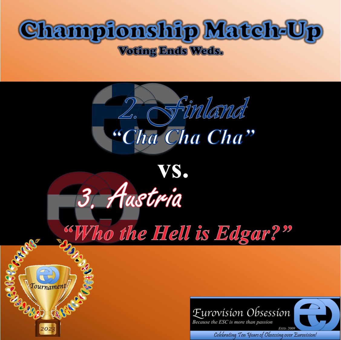 escobsession's tweet photo. Only one day left to vote in the Championship Match-Up of the 2023 #eurovision tournament as "Cha Cha Cha" from #finland goes against "Who the Hell the Edgar?" from #austria - who will win?

https://t.co/A3PGgKGR0L

@eurovision @AustriaEsc @OgaeFinland @ogaerotw https://t.co/CdyiD7sP35