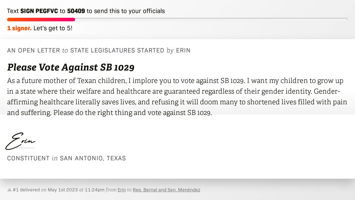 openletterbot's tweet image. 🖋 Sign Please Vote Against SB 1029 and I'll deliver a copy to your officials:   📨 No. 1 is from Erin to Rep. Bernal and Sen. Menéndez  #TXpolitics