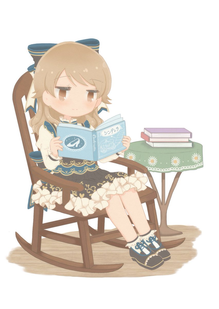 morikubo nono 1girl book solo sitting chair brown eyes white background  illustration images