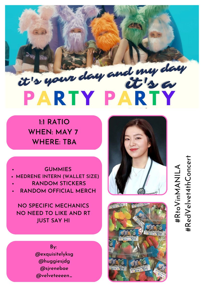 velveteeeen_'s tweet photo. Hello, Luvies~  My friends and I will be giving out these freebies on May 7, 2023, for #RtoVinManila 🇵🇭 

(gummies, med intern irene, random stickers, and random merch) 💗💛💙💚💜

> 1:1
> No need to like and rt 
> Say hi  
> loc: TBA 

#RtoVinMANILA #REDVELVETinMNL2023 👑 https://t.co/HAwjYS6jel