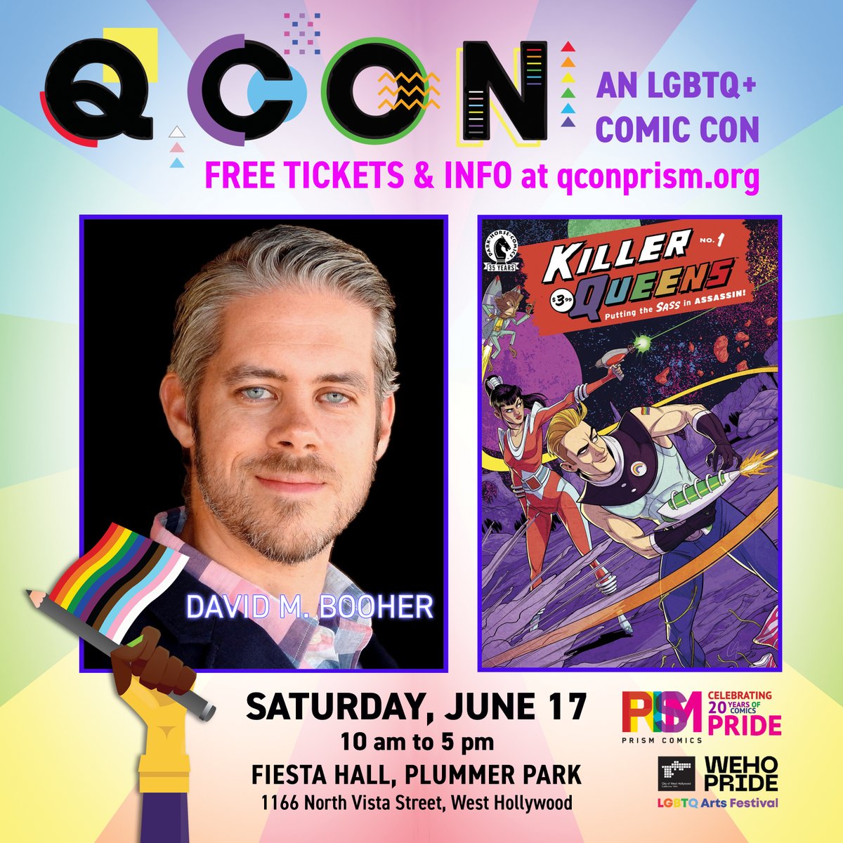 QConPrism's tweet photo. David Booher (@davidbooher), creator of #KillerQueens, will be at #QCon2023, presented by @prismcomics! See him and other #lgbtq+ #comics creators June 17th at #PlummerPark in @WestHollywood! https://t.co/XDyIvHgxi9