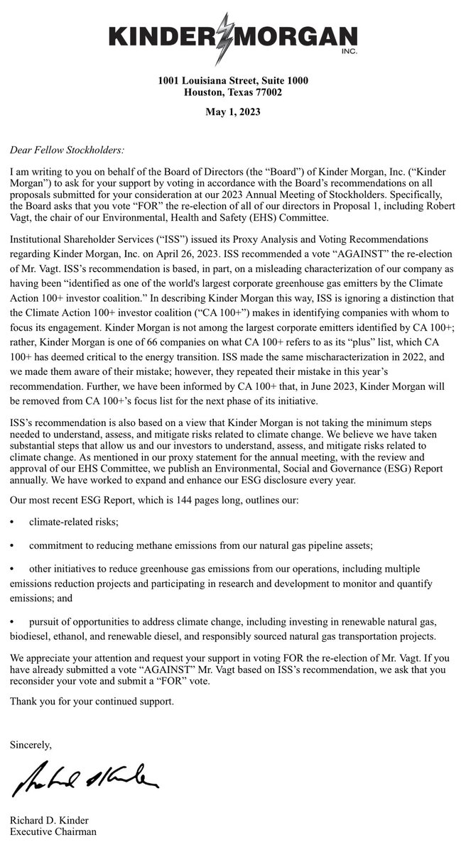 MrCorpGov's tweet photo. Exec Chair of Kinder Morgan $KMI pens letter to shareholders urging them to ignore ISS’ recommendation to vote against Environmental, Health and Safety Chair
 
#ProxySeason #ESG #CorpGov #ClimateAction #NetZero #Climate #EnergyTransition #EnergyTwitter #OilandGas https://t.co/HKNz9BRt4f