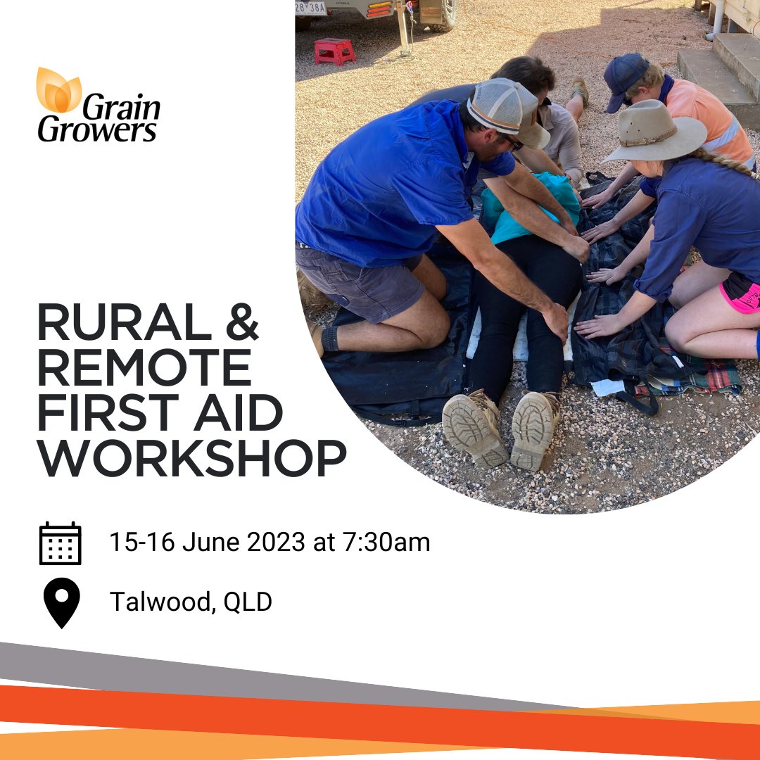 Does your farm safety plan include a qualified first-aider?

GrainGrowers is hosting a Rural &amp; Remote First Aid Workshop in Talwood, QLD. This course is designed for growers and deals with situations that could happen on-farm.

Find out more: bit.ly/40OmCG5

#qldag