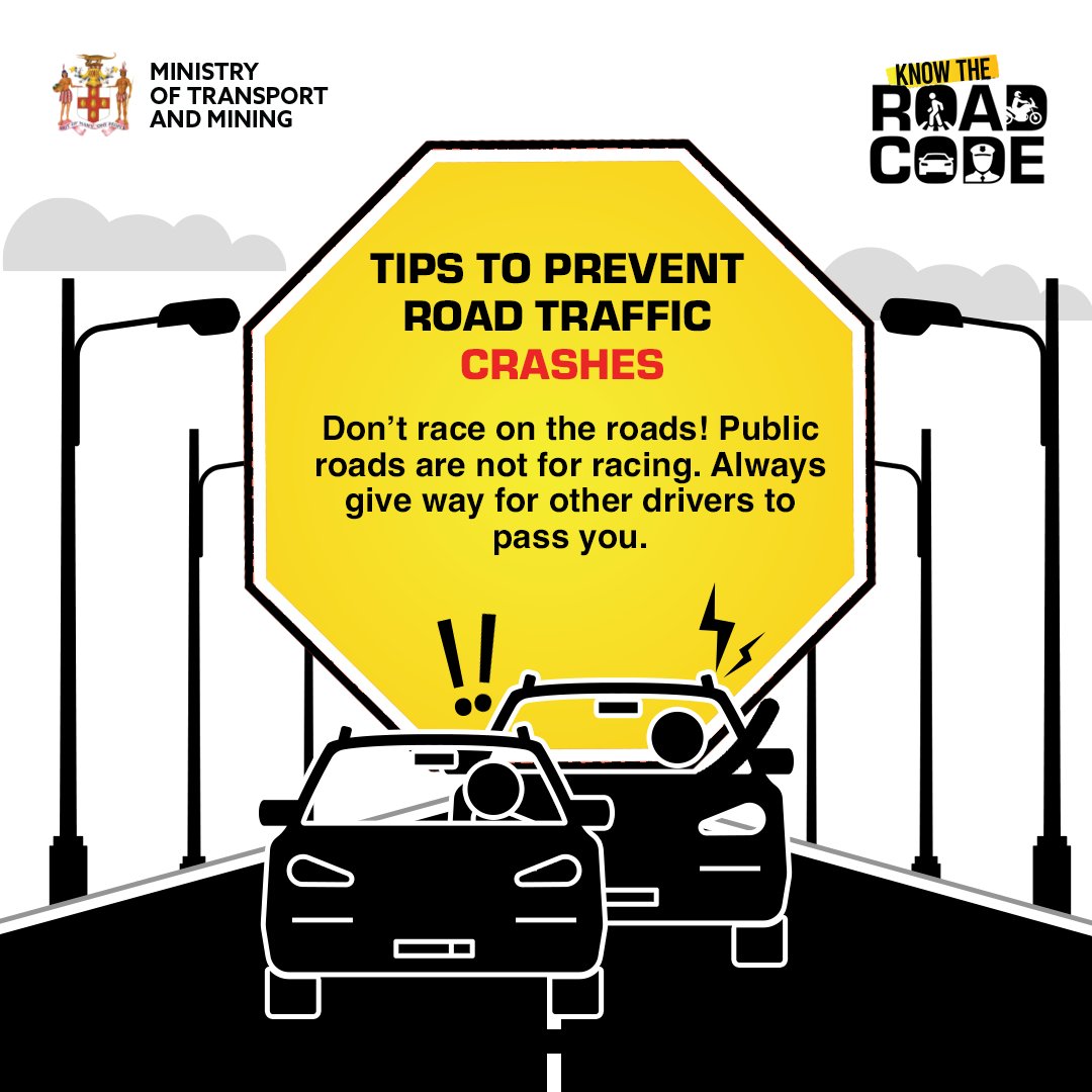 islandtrafficJA's tweet photo. Keep the roads safe for everyone! ๐๐จ Remember, public roads are not meant for racing. So, slow down and always give way for other drivers to pass you. Let's all do our part in preventing incidents and making our roads a safer place for everyone.
#Knowtheroadcode https://t.co/ESGVyXdQM1