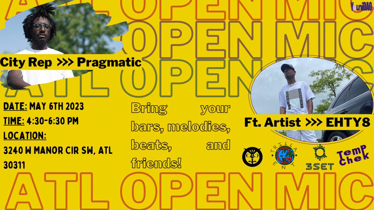 YouniDAO's tweet photo. Pull up to the west side of Atlanta for the Youni DAO “satellite” open mic event!
Whether you're a new artist or an experienced performer, come share your music and connect with other creatives. 🍩🍩
@ATLNerrd
#YouniDAO #Atlanta #AtlantaNetwork https://t.co/S4REjvNZTf