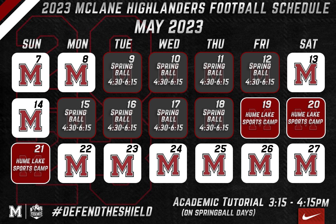 🚨MAY SCHEDULE🚨

Football is upon us Highlanders! Save the dates for Spring Ball and Hume Lake! 

#HighlanderFootball⚔️ | #DefendTheShield🛡️ | #SpringBall2023