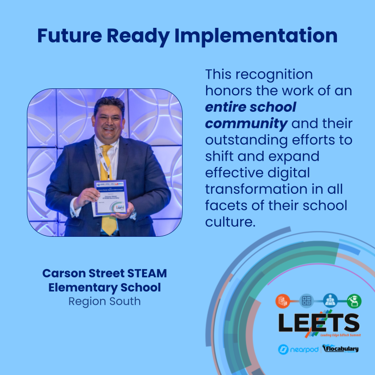 Cheers to @LAschoolsSouth's @CarsonSteam, recognized as #LEETS23 Future Ready Implementation Honorees, recognizing the entire school community's outstanding efforts to shift and expand effective digital transformation in all facets of their school culture. #DigCitLA #CS4LAUSD