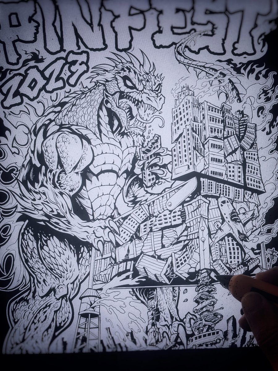 flylanddesigns's tweet photo. Finished ink drawing for this Giant Kaiju playing a pinball machine made of destroyed buildings - ready to color!
#pinfest #pinfest2023 #pinball #pinballmachine #pinballlife #pinballmachines https://t.co/1XngCM0cJ7