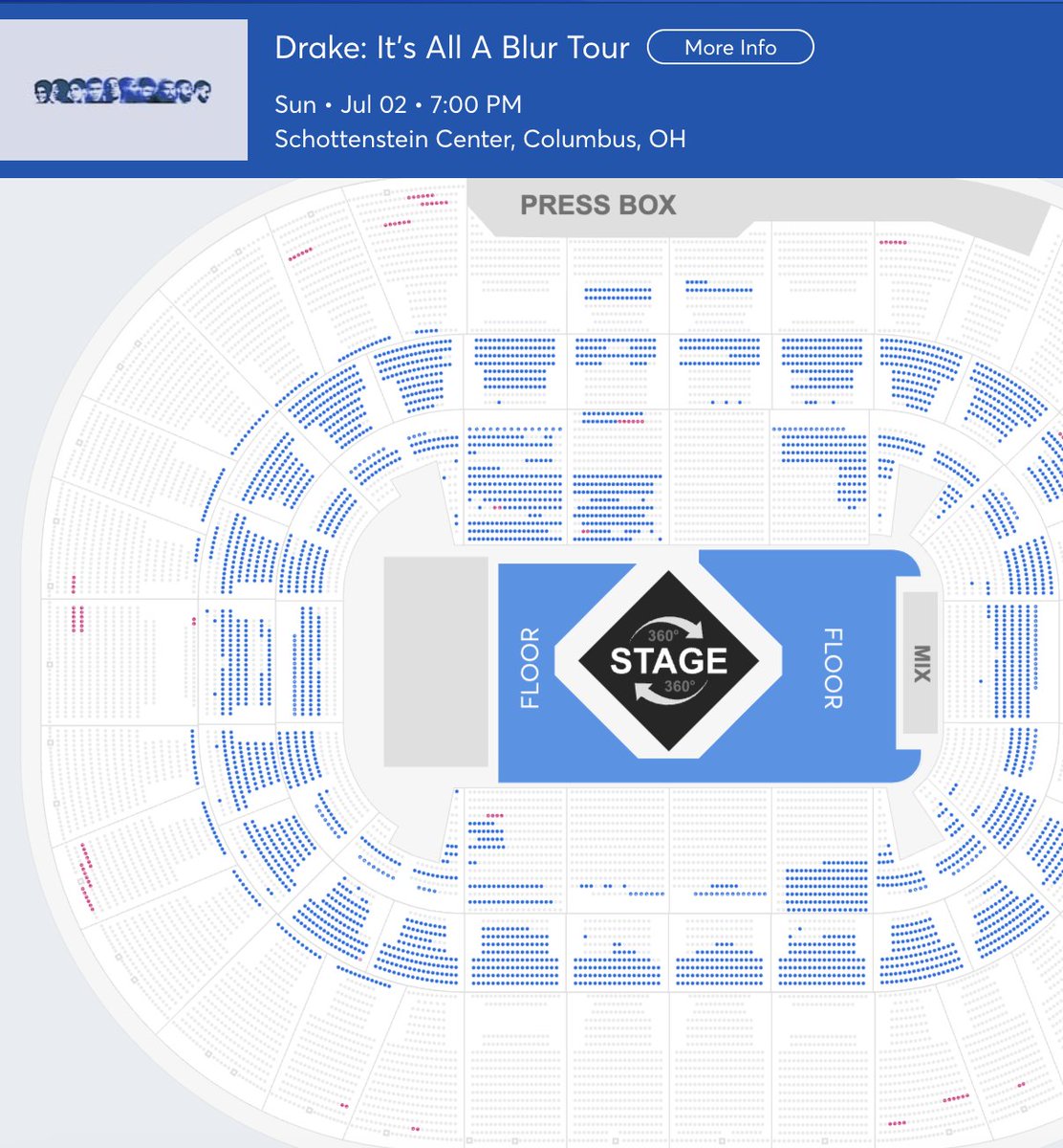 ColdDarnVampire's tweet photo. It looks like @ticketmaster has turned off the uppers for the ohio @drake show. This was a 2nd show added. Friday they were all blue. Lets see what 3rd party site these land on. Pricing matters. Turns out $400 is too high for lower bowl tickets... https://t.co/r0rhBzVrfe