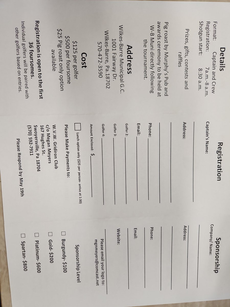 Golf tournament team sign ups and sponsohips are going well. There's still room for more. Come support your Spartans and have some fun.