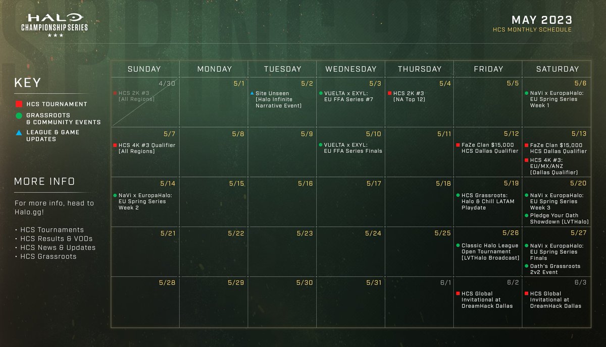 📅 Here's your HCS Monthly Calendar for May 2023!

#HCSOpenSeries
🏆 aka.ms/HCSOpenSeries

<a href="/natusvincere/">NAVI</a> x <a href="/EuropaHalo/">Europa Halo 🇪🇺</a> 
🇪🇺 aka.ms/EUSpring2023

<a href="/TeamVUELTA/">𝗩𝗨𝗘𝗟𝗧𝗔 𝗘𝗦𝗣𝗢𝗥𝗧𝗦</a> x <a href="/ExylTeam/">Exyl Team</a> 
🐺 aka.ms/HaloChallonge