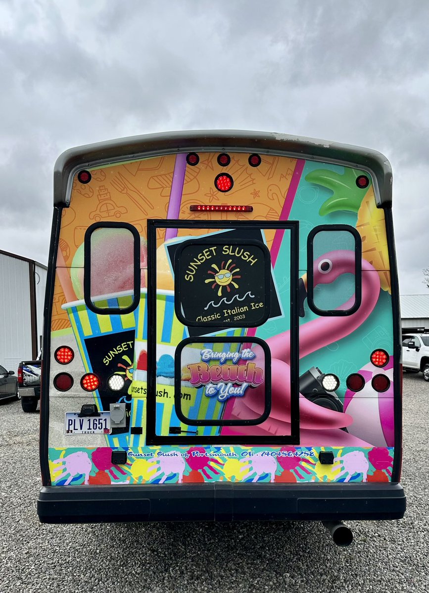 BPGConline's tweet photo. Our newest extreme makeover….check out the before pic! Sunset Slush was looking for a colorful oasis transformation. We were excited with the results! #wewrapityourockit. #concessionwrap #foodtruckwrap #mutoh #fellers #italianice #sunsetslush #summervibes https://t.co/KlZ1iSziLf