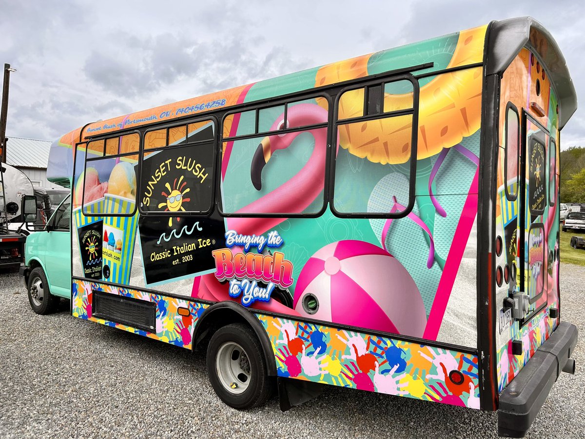 BPGConline's tweet photo. Our newest extreme makeover….check out the before pic! Sunset Slush was looking for a colorful oasis transformation. We were excited with the results! #wewrapityourockit. #concessionwrap #foodtruckwrap #mutoh #fellers #italianice #sunsetslush #summervibes https://t.co/KlZ1iSziLf