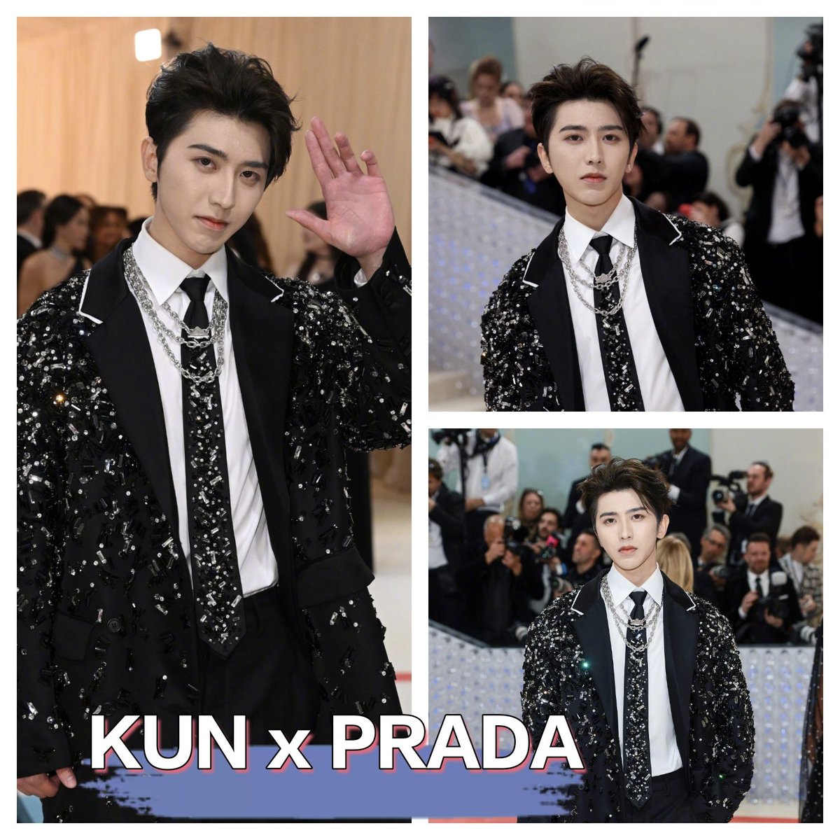 soso_sophy's tweet photo. The classic Karl Lagerfeld black and white suit that Cai Xukun is wearing today is adorned with crystal embroidery, which is very luxurious.

Cai Xukun (KUN) 
Prada Ambassador 
@CXK_official
@Prada
#CaiXukun
#PradaxKUN
#MetGalaxKUN
#MetGala
#MetGala2023 https://t.co/hWqDwcXECW