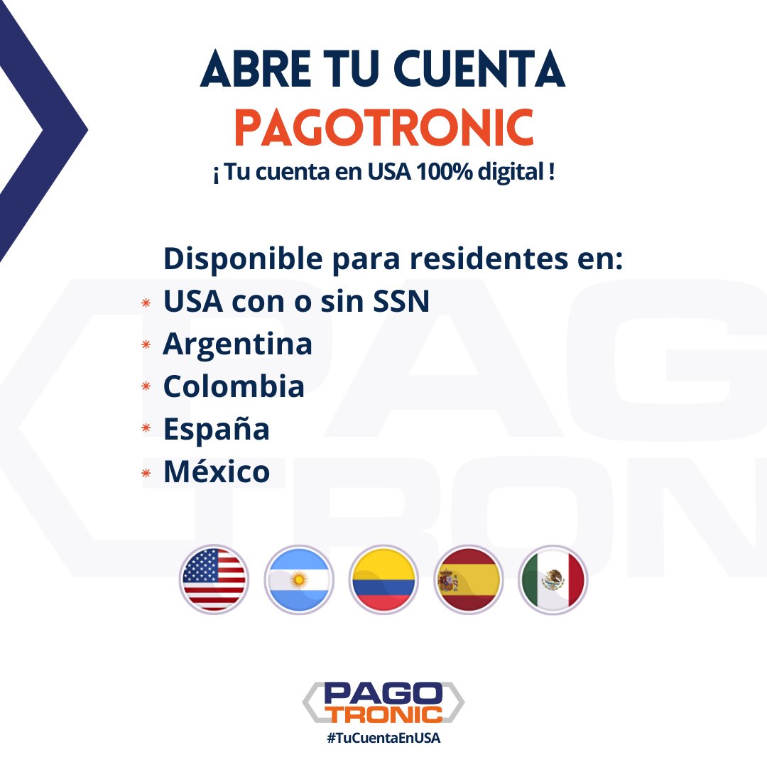 ¿Quieres tener tu cuenta en USA? Ya se encuentra disponible para residentes en:
- USA con o sin SSN.
- Argentina.
- Colombia.
- España.
- Mexico.
.
.
.
#Pagotronic #TuCuentaEnUsa #Remesas #EnvioRemesas #Criptomonedas #RemesasArgentina #RemesasColombia #RemesasUSA #RemesasMexico