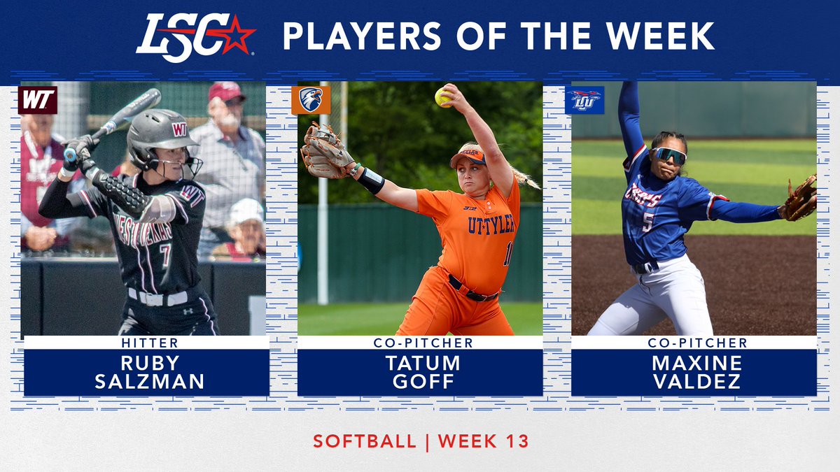 LoneStarConf's tweet photo. #LSCsoft Players of the Week

Hitter: Ruby Salzman, @WTBuffNation (2)

Co-Pitcher: Tatum Goff, @uttylerpatriots (3)

Co-Pitcher: Maxine Valdez, @LCUCHAPS (4)

🔗 https://t.co/hPiirn5T19

#D2SB https://t.co/QX10ENyqcQ