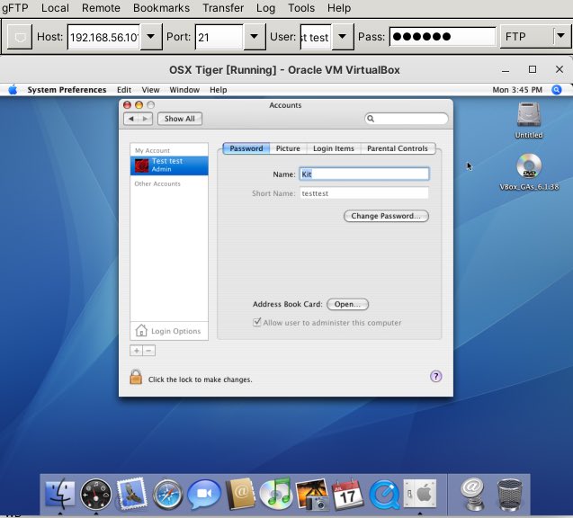 Kitsune86's tweet photo. Here’s OSX 10.4 (Intel) networking with modern Linux on the same machine because FTP.

#classicMac #RetroMac #RetroComputing @QuestForTori @SharkaBytes @caraesten @LuigiThirty @gewt https://t.co/dhwQhL5Fc8