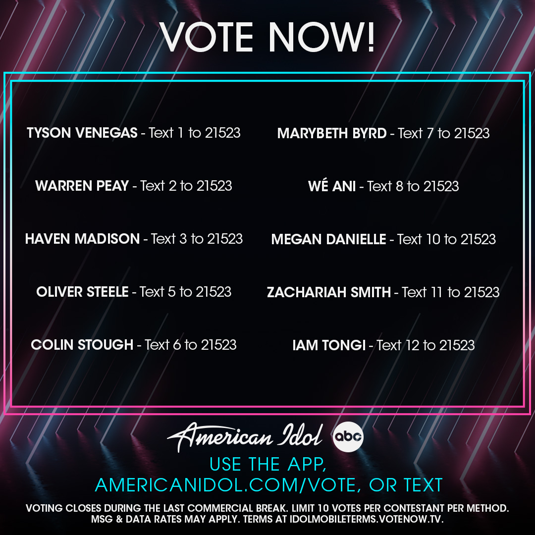 #IDOL is 𝙇𝙄𝙑𝙀 coast-to-coast!

➔ Text your favorite Idol's number to 𝟮𝟭𝟱𝟮𝟯
➔ Use the #AmericanIdol App
➔ Go to americanidol.com/vote⁣⁣⁣⁣⁣⁣⁣⁣⁣⁣⁣

⚠️ You have less than 𝟮 𝗛𝗢𝗨𝗥𝗦 to vote! ⚠️