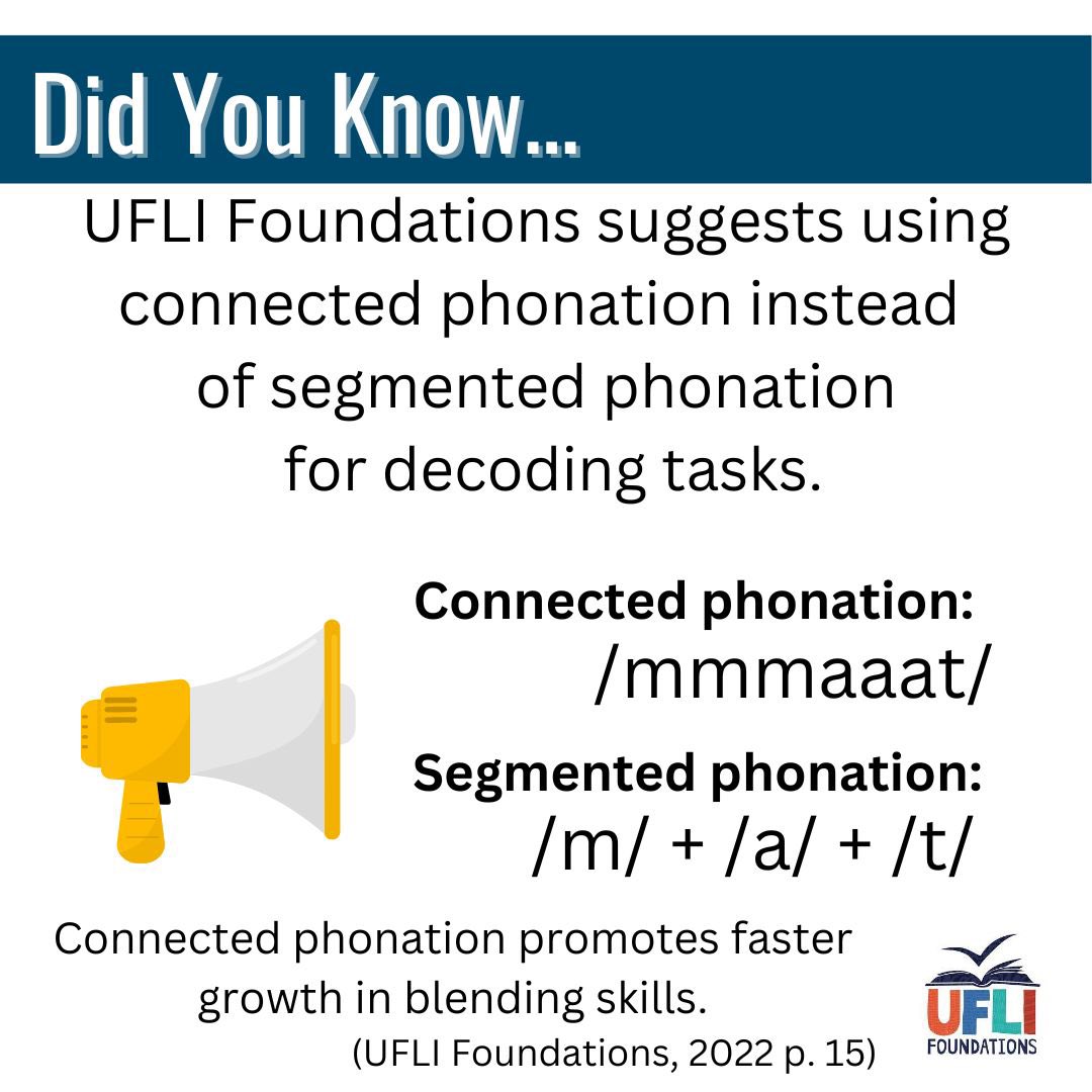 🪧Did you know…
@UFLiteracy encourages connected phonation for decoding tasks. 

Connected phonation is more effective than segmented phonation for teaching beginning readers to decode unfamiliar words. (Gonzalez-Frey & Ehri, 2020) 

#EduTwitter #Literacy #UFLI #LitChat #InfoLit